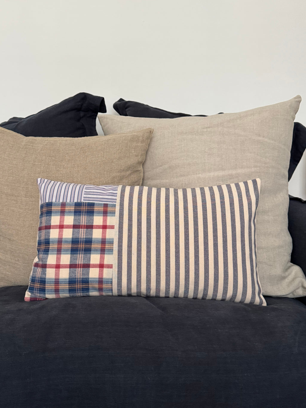Blue Striped Patchwork Cushion