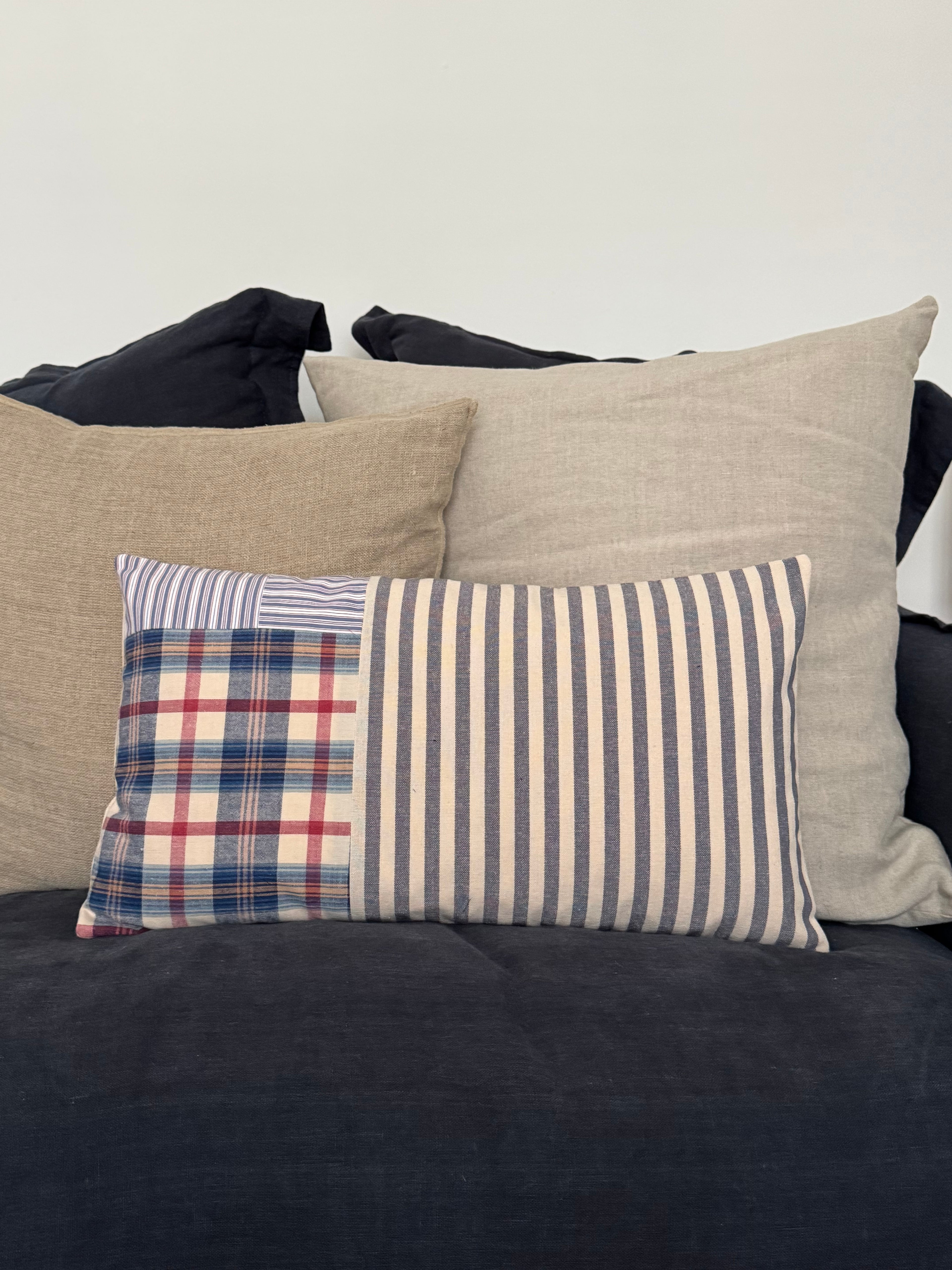 Blue Striped Patchwork Cushion