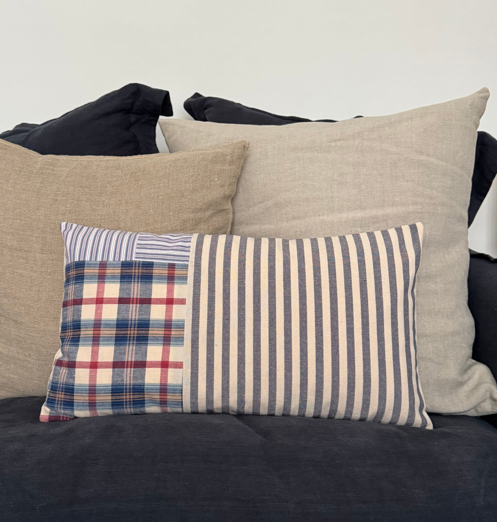 Blue Striped Patchwork Cushion