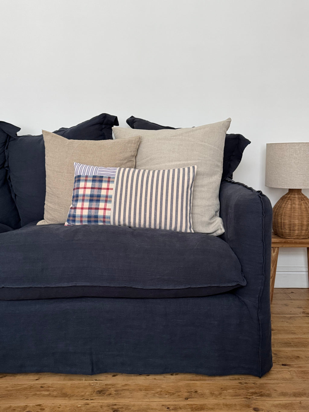 Blue Striped Patchwork Cushion